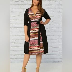 Kiyonna Black and Multicolor Patterned Women's  Wrap Dress Size 1/1X